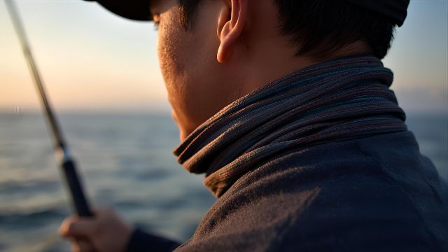 釣り用ネックウォーマーを着た男性