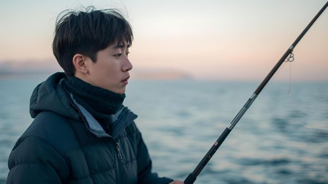 釣り用ネックウォーマーを着ている人